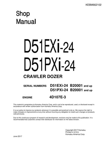 Unlock the full potential of your KOMATSU D51EXI-24 and D51PXI-24 Crawler Dozers with the comprehensive Shop Manual KEBM662102. This PDF file is an essential resource for operators and technicians alike, providing detailed insights into maintenance, troubleshooting, and repair procedures. With clear diagrams and step-by-step instructions, you can ensure optimal performance and longevity of your equipment, saving time and reducing costly downtime. Invest in this invaluable manual today and keep your dozer ru