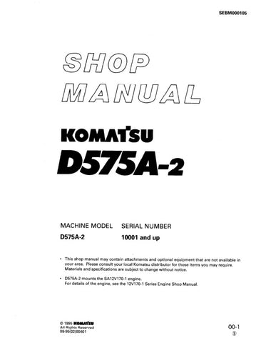 Unlock the full potential of your KOMATSU D575A-2 with the comprehensive Shop Manual SEBM000105, designed specifically for models 10001 and up. This PDF file is an essential resource for technicians and operators alike, providing detailed insights into maintenance, troubleshooting, and repair procedures. With clear diagrams and step-by-step instructions, you can ensure optimal performance and longevity of your equipment. Invest in this invaluable manual today and keep your machinery running smoothly and eff