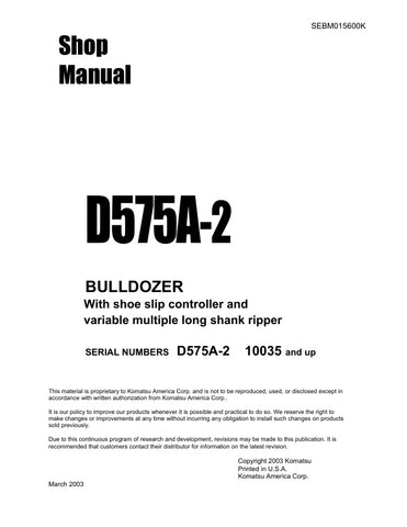 Unlock the full potential of your KOMATSU D575A-2 bulldozer with the comprehensive SHOP MANUAL SEBM015600K, designed specifically for models 10035 and up. This PDF file is an essential resource for operators and technicians alike, providing detailed diagrams, maintenance procedures, and troubleshooting tips to ensure optimal performance and longevity of your equipment. With easy navigation and clear instructions, this manual empowers you to tackle repairs and maintenance with confidence, saving you time and