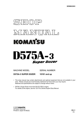 Unlock the full potential of your KOMATSU D575A-3 Super Dozer with the comprehensive Shop Manual SEBM022003, designed for models 10101 and up. This PDF file is an essential resource for operators and technicians alike, providing detailed insights into maintenance, troubleshooting, and repair procedures. With clear illustrations and step-by-step instructions, you can ensure optimal performance and longevity of your dozer, making it a smart investment for any heavy machinery professional. Don't miss out on th