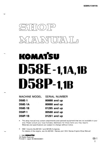 Unlock the full potential of your KOMATSU D58E-1, D58E-1A, D58E-1B, D58P-1, and D58P-1B with the comprehensive SHOP MANUAL SEBMU1340106, available in a convenient PDF format. This essential manual provides detailed insights into maintenance, troubleshooting, and repair procedures, ensuring your machinery operates at peak performance. With easy navigation and clear illustrations, you can quickly find the information you need to keep your equipment running smoothly and efficiently. Don't miss out on this inva
