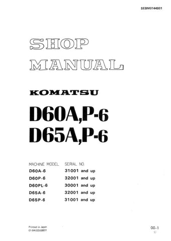 Unlock the full potential of your KOMATSU machinery with the comprehensive SHOP MANUAL SEBM0144B01, designed specifically for models D60A-6, D60P-6, D60PL-6, D65A-6, and D65P-6. This PDF file is an essential resource for operators and technicians alike, providing detailed insights into maintenance, troubleshooting, and repair procedures. With clear diagrams and step-by-step instructions, you can ensure optimal performance and longevity of your equipment, making it a must-have for anyone looking to enhance 