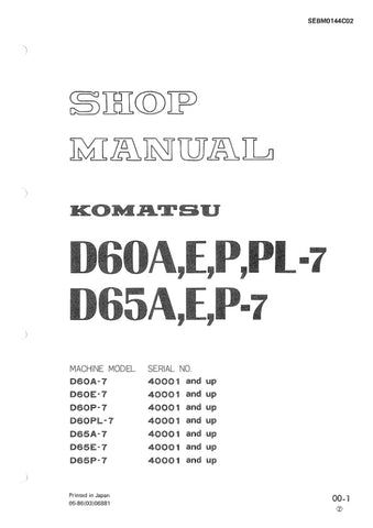 Unlock the full potential of your Komatsu machinery with the KOMATSU D60A-7, D60E-7, D60P-7, D60PL-7, D65A-7, D65E-7, D65P-7 Shop Manual SEBM0144C02 in PDF format. This comprehensive manual is an essential resource for operators and technicians, providing detailed insights into maintenance, troubleshooting, and repair procedures. With easy navigation and clear illustrations, you can ensure your equipment runs smoothly and efficiently, minimizing downtime and maximizing productivity. Invest in this invaluabl