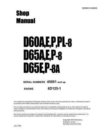Unlock the full potential of your Komatsu machinery with the comprehensive SHOP MANUAL SEBM01440809, designed specifically for models D60A-8, D60E-8, D60P-8, D60PL-8, D65A-8, D65E-8, D65P-8, D65E-8A, and D65P-8A. This PDF file is an essential resource for operators and technicians, providing detailed maintenance procedures, troubleshooting tips, and technical specifications to ensure optimal performance and longevity of your equipment. Invest in this manual today to enhance your operational efficiency and k