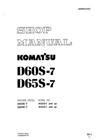 Unlock the full potential of your KOMATSU D60S-7 and D65S-7 machinery with the comprehensive SHOP MANUAL SEBM0141C01, available as a convenient PDF file. This essential resource provides detailed insights into maintenance, troubleshooting, and repair procedures, ensuring your equipment operates at peak performance. With easy navigation and clear illustrations, this manual is designed for both seasoned professionals and DIY enthusiasts, making it an invaluable addition to your toolkit. Don't miss the opportu