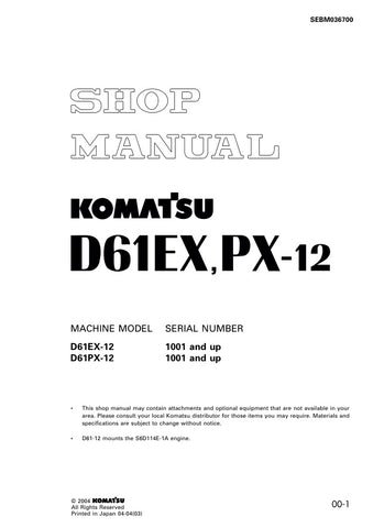 Unlock the full potential of your KOMATSU D61EX-12 and D61PX-12 bulldozers with the comprehensive Shop Manual SEBM036700, available in a convenient PDF format. This essential resource provides detailed insights into maintenance, troubleshooting, and repair procedures, ensuring your machinery operates at peak performance. With easy navigation and clear illustrations, this manual is designed for both seasoned professionals and DIY enthusiasts, making it an invaluable addition to your equipment toolkit. Don't 