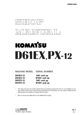Unlock the full potential of your KOMATSU D61EX-12 and D61PX-12 with the comprehensive SHOP MANUAL SEBM018906, available in a convenient PDF format. This essential guide provides detailed insights into maintenance, troubleshooting, and repair procedures, ensuring your machinery operates at peak performance. With easy navigation and clear illustrations, this manual is an invaluable resource for both seasoned professionals and DIY enthusiasts. Enhance your operational efficiency and prolong the life of your e