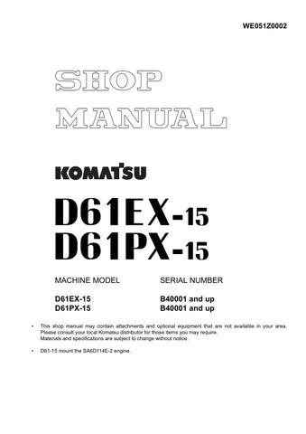 Unlock the full potential of your KOMATSU D61EX-15 and D61PX-15 with the comprehensive Shop Manual WE051Z0002, available in a convenient PDF format. This essential resource provides detailed insights into maintenance, troubleshooting, and repair procedures, ensuring your machinery operates at peak performance. With easy navigation and clear illustrations, this manual is designed for both seasoned professionals and DIY enthusiasts, making it an invaluable addition to your equipment toolkit. Don't miss out on