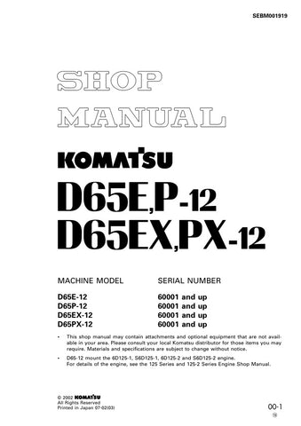 Unlock the full potential of your KOMATSU D65E-12, D65P-12, D65EX-12, and D65PX-12 with the comprehensive Shop Manual SEBM001919. This PDF file is an essential resource for operators and technicians, providing detailed insights into maintenance, troubleshooting, and repair procedures. With clear illustrations and step-by-step instructions, you can ensure optimal performance and longevity of your equipment. Invest in this invaluable manual today and keep your machinery running smoothly and efficiently.