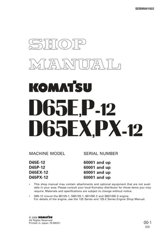 Unlock the full potential of your KOMATSU D65E-12, D65P-12, D65EX-12, and D65PX-12 with the comprehensive Shop Manual SEBM001922, available in a convenient PDF format. This essential resource provides detailed insights into maintenance, troubleshooting, and repair procedures, ensuring your machinery operates at peak performance. With easy navigation and clear illustrations, this manual is designed for both seasoned professionals and DIY enthusiasts, making it an invaluable addition to your equipment toolkit