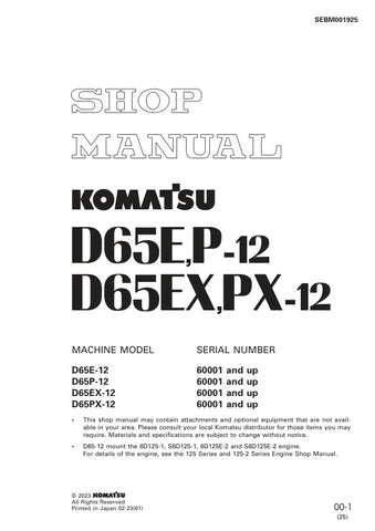 Unlock the full potential of your KOMATSU D65E-12, D65P-12, D65EX-12, and D65PX-12 with the comprehensive Shop Manual SEBM001925, available in a convenient PDF format. This essential resource provides detailed insights into maintenance, troubleshooting, and repair procedures, ensuring your machinery operates at peak performance. With easy navigation and clear illustrations, this manual is designed for both seasoned professionals and DIY enthusiasts, making it an invaluable addition to your equipment toolkit