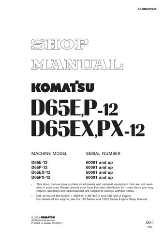 Unlock the full potential of your KOMATSU D65E-12, D65P-12, D65EX-12, and D65PX-12 with the comprehensive SHOP MANUAL SEBM001926, available as a convenient PDF file. This essential resource provides detailed insights into maintenance, troubleshooting, and repair procedures, ensuring your machinery operates at peak performance. With easy navigation and clear illustrations, this manual is designed for both seasoned professionals and DIY enthusiasts, making it an invaluable addition to your equipment toolkit. 
