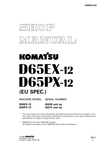 Unlock the full potential of your KOMATSU D65EX-12 and D65PX-12 with the comprehensive SHOP MANUAL SEBM027202, available as a convenient PDF file. This essential resource, tailored for models 65209 & UP and 65275 & UP, provides detailed insights into maintenance, troubleshooting, and repair procedures, ensuring your machinery operates at peak performance. With easy navigation and clear illustrations, this manual is a must-have for professionals and enthusiasts alike, empowering you to tackle any challenge w