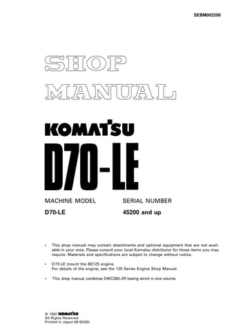 Unlock the full potential of your KOMATSU D70-LE with the comprehensive SHOP MANUAL SEBM002200, designed specifically for models 45200 and up. This PDF file is an essential resource for technicians and DIY enthusiasts alike, providing detailed diagrams, maintenance tips, and troubleshooting guidance to ensure your equipment operates at peak performance. With easy navigation and clear instructions, this manual empowers you to tackle repairs and maintenance with confidence, saving you time and money. Don't mi