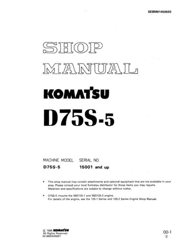 Unlock the full potential of your KOMATSU D75S-5 with the comprehensive Shop Manual SEBD01450503, designed specifically for models 15001 and up. This PDF file is an essential resource for technicians and DIY enthusiasts alike, providing detailed diagrams, maintenance procedures, and troubleshooting tips to ensure your equipment runs smoothly and efficiently. With easy navigation and clear instructions, this manual empowers you to perform repairs and maintenance with confidence, saving you time and money. Do
