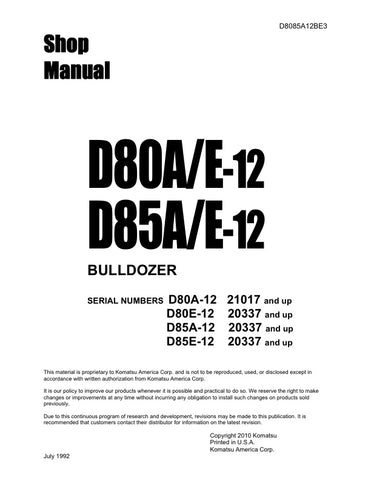 Unlock the full potential of your KOMATSU D80A-12, D80E-12, D85A-12, and D85E-12 bulldozers with the comprehensive service manual D8085A12BE3, available in a convenient PDF format. This essential guide provides detailed instructions, schematics, and troubleshooting tips to ensure optimal performance and maintenance of your machinery. Whether you're a seasoned technician or a DIY enthusiast, this manual is your go-to resource for keeping your bulldozer in peak condition, saving you time and costly repairs. 