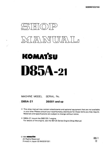 Unlock the full potential of your KOMATSU D85A-21 with the comprehensive Shop Manual SEBM015C2104, designed specifically for models 35001 and up. This PDF file is an essential resource for technicians and DIY enthusiasts alike, providing detailed diagrams, maintenance procedures, and troubleshooting tips to ensure your equipment operates at peak performance. With easy navigation and clear instructions, this manual empowers you to tackle repairs and maintenance with confidence, saving you time and money. Don