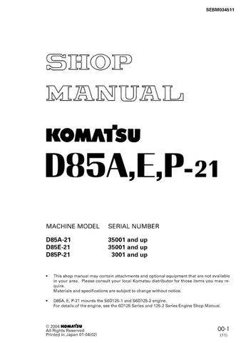 Unlock the full potential of your KOMATSU D85A-21, D85E-21, and D85P-21 bulldozer with the comprehensive SHOP MANUAL SЕВМОЗ4511 in PDF format. This essential guide provides detailed schematics, maintenance tips, and troubleshooting advice, ensuring your equipment operates at peak performance. With easy navigation and clear instructions, this manual is a must-have for both professionals and DIY enthusiasts looking to enhance their machinery's longevity and efficiency. Don't miss out on the opportunity to kee