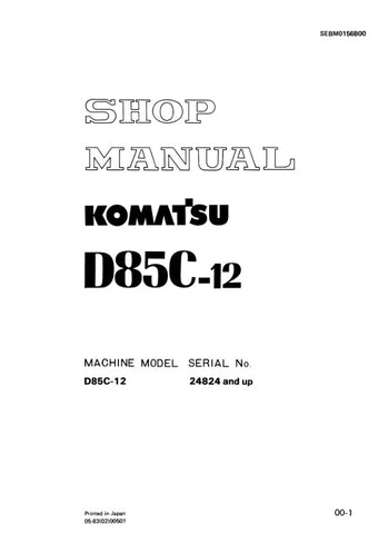 Unlock the full potential of your KOMATSU D85C-12 with the comprehensive SHOP MANUAL SEBM0156B00, designed for models 24824 and up. This PDF file is an essential resource for operators and technicians, providing detailed insights into maintenance, troubleshooting, and repair procedures. With clear diagrams and step-by-step instructions, you can ensure optimal performance and longevity of your equipment. Invest in this manual today to enhance your operational efficiency and reduce downtime.