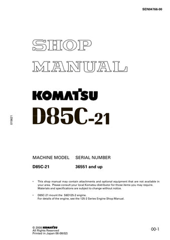 Unlock the full potential of your KOMATSU D85C-21 with the comprehensive SHOP MANUAL SEN04766-00, designed specifically for models 36551 and up. This PDF file is an essential resource for operators and technicians alike, providing detailed insights into maintenance, troubleshooting, and repair procedures. With clear diagrams and step-by-step instructions, you can ensure optimal performance and longevity of your equipment, making it a must-have for anyone looking to enhance their operational efficiency. Don'