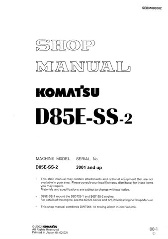 Unlock the full potential of your KOMATSU D85E-SS-2 with the comprehensive SHOP MANUAL SEBM003002, designed for models 3001 and up. This PDF file is an essential resource for operators and technicians alike, providing detailed insights into maintenance, troubleshooting, and repair procedures. With clear diagrams and step-by-step instructions, you can ensure optimal performance and longevity of your equipment. Invest in this manual today to enhance your operational efficiency and keep your machinery running 