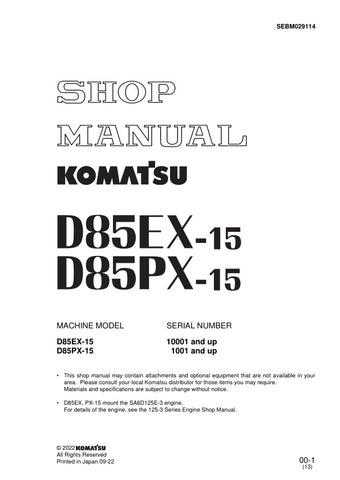 Unlock the full potential of your KOMATSU D85EX-15 and D85PX-15 with the comprehensive Shop Manual SEBM029114, designed for models 10001 & UP and 1001 & UP. This PDF file is an essential resource for operators and technicians, providing detailed insights into maintenance, troubleshooting, and repair procedures. With clear diagrams and step-by-step instructions, you can ensure optimal performance and longevity of your machinery. Invest in this invaluable manual today and keep your equipment running smoothly 