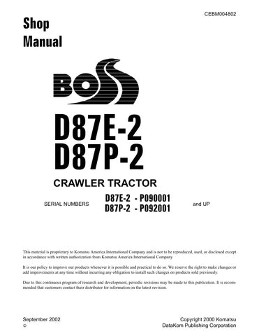 Unlock the full potential of your KOMATSU D87E-2 and D87P-2 Crawler Tractors with the comprehensive Shop Manual (CEBM004802) in PDF format. This essential resource provides detailed insights into maintenance, troubleshooting, and repair procedures, ensuring your machinery operates at peak performance. With easy navigation and clear illustrations, this manual is designed for both seasoned professionals and DIY enthusiasts, making it an invaluable addition to your equipment toolkit. Don't miss the opportunity