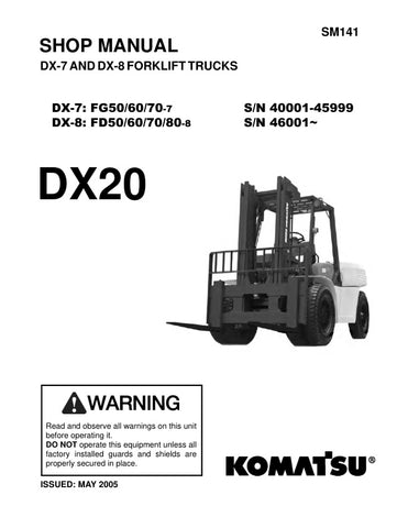 Unlock the full potential of your KOMATSU equipment with the DX-7 FG50/60/70-7 & DX-8 FD50/60/70/80-8, DX20 SHOP MANUAL SM141 in PDF format. This comprehensive manual is an essential resource for maintenance and repair, providing detailed diagrams, troubleshooting tips, and step-by-step instructions to keep your machinery running smoothly. With easy access to vital information at your fingertips, you can enhance productivity and minimize downtime, ensuring your operations remain efficient and cost-effective