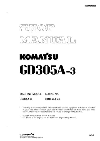 Unlock the full potential of your KOMATSU GD305A-3 with the comprehensive SHOP MANUAL SEBM018000, designed for models 8018 and up. This PDF file is an essential resource for operators and technicians, providing detailed insights into maintenance, troubleshooting, and repair procedures. With clear diagrams and step-by-step instructions, you can ensure optimal performance and longevity of your equipment. Invest in this manual today to enhance your operational efficiency and reduce downtime.
