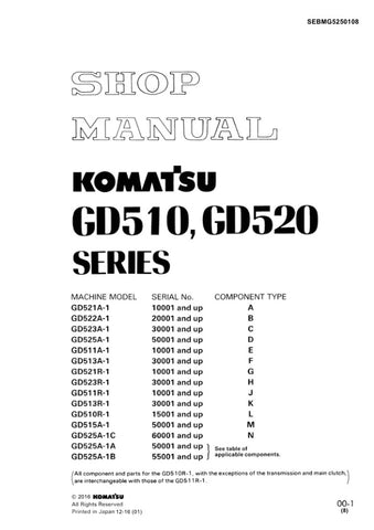 Unlock the full potential of your Komatsu GD510 and GD520 series machinery with the comprehensive Shop Manual SEBMG5250108, available in a convenient PDF format. This essential resource provides detailed insights into maintenance, troubleshooting, and repair procedures, ensuring your equipment operates at peak performance. With easy navigation and clear illustrations, this manual is designed for both seasoned professionals and DIY enthusiasts, making it an indispensable tool for anyone looking to enhance th
