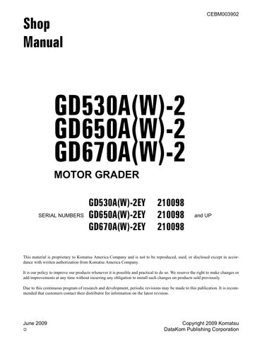 Unlock the full potential of your KOMATSU motor graders with the comprehensive CEBM003902 shop manual, available in a convenient PDF format. This essential resource covers models GD530A-2EY, GD530AW-2EY, GD650A-2EY, GD650AW-2EY, GD670A-2EY, and GD670AW-2EY, providing detailed insights into maintenance, troubleshooting, and repair procedures. With clear diagrams and step-by-step instructions, this manual ensures you can keep your equipment running smoothly and efficiently, ultimately saving you time and mone