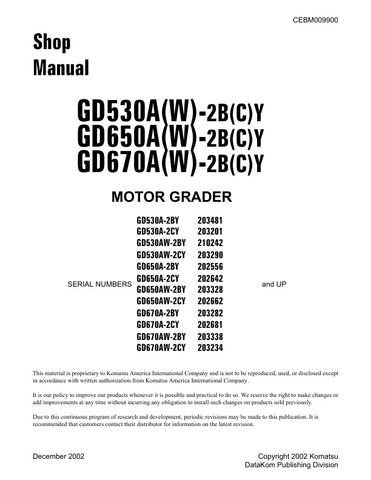 Unlock the full potential of your KOMATSU machinery with the comprehensive SHOP MANUAL CEBM009900, designed specifically for the GD530A(W)-2B(C)Y, GD650A(W)-2B(C)Y, and GD670A(W)-2B(C)Y models. This PDF file is an essential resource for operators and technicians, providing detailed insights into maintenance, troubleshooting, and repair procedures. With clear diagrams and step-by-step instructions, you can ensure optimal performance and longevity of your equipment, making it a must-have for any serious opera