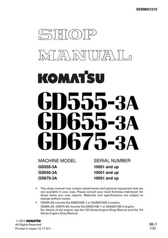 Unlock the full potential of your KOMATSU machinery with the comprehensive SHOP MANUAL SEBM021010, designed specifically for the GD555-3A, GD655-3A, and GD675-3A models (10001 & UP). This PDF file is an essential resource for operators and technicians alike, providing detailed insights into maintenance, troubleshooting, and repair procedures. With clear illustrations and step-by-step instructions, you can ensure optimal performance and longevity of your equipment. Invest in this manual today to enhance your