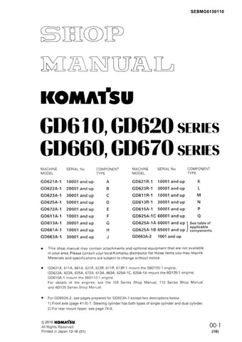 Unlock the full potential of your KOMATSU machinery with the GD610, GD620, GD660, and GD670 Shop Manual (SEBMG6150110) in PDF format. This comprehensive manual provides detailed insights into maintenance, troubleshooting, and repair procedures, ensuring your equipment operates at peak performance. With easy navigation and clear illustrations, you can quickly find the information you need to keep your machines running smoothly. Invest in this essential resource today and enhance your operational efficiency w
