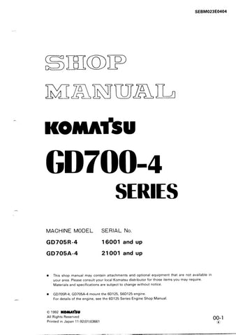 Unlock the full potential of your KOMATSU GD705A-4 and GD705R-4 with the comprehensive SHOP MANUAL SEBM023E0404, available as a convenient PDF file. This essential resource provides detailed insights into maintenance, troubleshooting, and repair procedures, ensuring your machinery operates at peak performance. With easy navigation and clear illustrations, this manual is designed for both seasoned professionals and DIY enthusiasts, making it an invaluable addition to your equipment toolkit. Don't miss out on