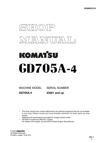 Unlock the full potential of your KOMATSU GD705A-4 with the comprehensive SHOP MANUAL SEBM022103, available as a convenient PDF file. This essential resource provides detailed insights into maintenance, troubleshooting, and repair procedures, ensuring your equipment operates at peak performance. With easy navigation and clear illustrations, this manual is designed for both seasoned professionals and DIY enthusiasts, making it an invaluable addition to your toolkit. Don't miss the opportunity to enhance y