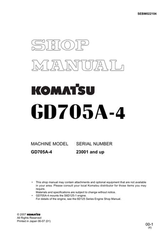 Unlock the full potential of your KOMATSU GD705A-4 with the comprehensive Shop Manual SEBM022104, designed specifically for models 23001 and up. This PDF file is an essential resource for technicians and operators alike, providing detailed insights into maintenance, troubleshooting, and repair procedures. With clear diagrams and step-by-step instructions, you can ensure optimal performance and longevity of your equipment, making it a must-have for anyone looking to enhance their operational efficiency. Don'