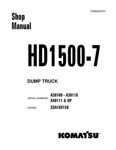 Unlock the full potential of your KOMATSU HD1500-7 dump truck with the comprehensive shop manual CEBM023701. This PDF file includes detailed specifications, maintenance guidelines, and troubleshooting tips specifically designed for models A30109-A30110 and A40111 & UP. Whether you're a seasoned mechanic or a dedicated owner, this manual is an essential resource to ensure optimal performance and longevity of your equipment. Invest in your truck's efficiency and reliability today!