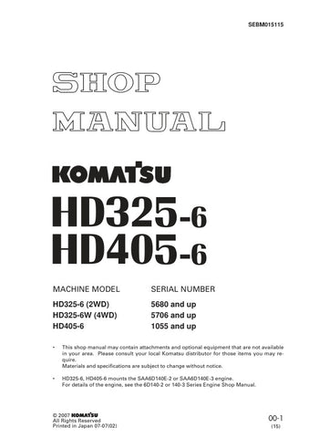 Unlock the full potential of your KOMATSU HD325-6 and HD405-6 with the comprehensive SHOP MANUAL SEBM015115, available in a convenient PDF format. This essential guide provides detailed insights into maintenance, troubleshooting, and repair procedures for both 2WD and 4WD models, ensuring your machinery operates at peak performance. With easy navigation and clear illustrations, this manual is a must-have for professionals and enthusiasts alike, empowering you to tackle any challenge with confidence. Don't m