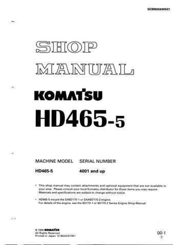 Unlock the full potential of your KOMATSU HD465-5 with the comprehensive Shop Manual SEBM05690507, designed specifically for models 4001 and up. This PDF file is an essential resource for technicians and DIY enthusiasts alike, offering detailed insights into maintenance, troubleshooting, and repair procedures. With clear diagrams and step-by-step instructions, you can ensure your equipment operates at peak performance, saving you time and money on costly repairs. Invest in this invaluable manual today and k