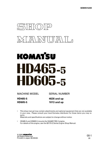 Unlock the full potential of your Komatsu HD465-5 and HD605-5 with the comprehensive SHOP MANUAL SEBM015209, available as a convenient PDF file. This essential resource provides detailed maintenance and repair instructions, ensuring your machinery operates at peak performance. With easy navigation and clear diagrams, you can quickly find the information you need to tackle any job, saving you time and reducing downtime. Invest in this manual today to enhance your operational efficiency and keep your equipmen