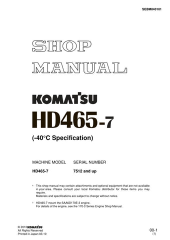 Unlock the full potential of your KOMATSU HD465-7 with the comprehensive SHOP MANUAL SEBM040101, available in a convenient PDF format. This essential resource provides detailed insights into maintenance, troubleshooting, and repair procedures, ensuring your equipment operates at peak performance. With easy navigation and clear illustrations, this manual is designed for both seasoned professionals and DIY enthusiasts, making it an invaluable addition to your toolkit. Don't miss the opportunity to enhance you