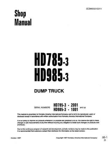 Unlock the full potential of your KOMATSU HD785-3 (2001 & up) and HD985-3 (1001 & up) dump trucks with the comprehensive Shop Manual SEBD05610311, available in a convenient PDF format. This essential resource provides detailed maintenance procedures, troubleshooting tips, and specifications to ensure your equipment operates at peak performance. With easy navigation and clear illustrations, this manual is designed for both seasoned professionals and DIY enthusiasts, making it an invaluable addition to your r