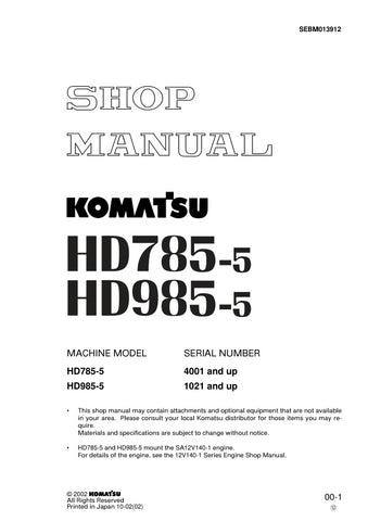 Unlock the full potential of your KOMATSU HD785-5 and HD985-5 with the comprehensive Service Manual SEBM013912. This PDF file is an essential resource for operators and technicians, providing detailed instructions, diagrams, and troubleshooting tips for models 4001 & UP and 1021 & UP. Ensure optimal performance and longevity of your equipment with this user-friendly guide, designed to simplify maintenance and repairs. Invest in your machinery's efficiency and reliability today!