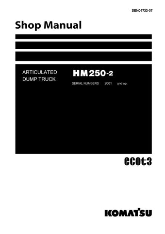  Unlock the full potential of your KOMATSU HM250-2 articulated dump truck with the comprehensive shop manual (WENBM00080) designed for models from 2001 and up. This PDF file is an essential resource for mechanics and operators alike, providing detailed diagrams, maintenance schedules, and troubleshooting tips to ensure optimal performance and longevity of your equipment. With easy navigation and clear instructions, you can confidently tackle repairs and maintenance tasks, saving time and reducing downtime o