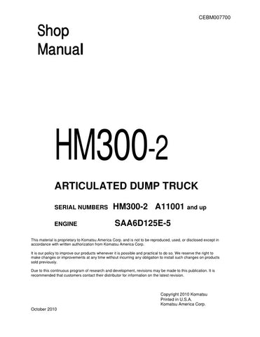 Unlock the full potential of your KOMATSU HM300-2 Articulated Dump Truck with the comprehensive SHOP MANUAL CEBM007700, available in a convenient PDF format. This essential guide provides detailed insights into maintenance, troubleshooting, and repair procedures, ensuring your equipment operates at peak performance. With easy navigation and clear illustrations, this manual is designed for both seasoned professionals and newcomers alike, making it an invaluable resource for keeping your dump truck in top con