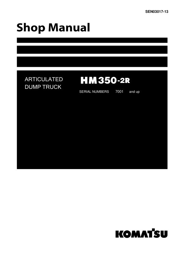 Unlock the full potential of your KOMATSU HM350-2R articulated dump truck with the comprehensive SHOP MANUAL SEN03017-13, available in a convenient PDF format. This essential guide provides detailed insights into maintenance, troubleshooting, and repair procedures, ensuring your equipment operates at peak performance. With easy navigation and clear illustrations, this manual is designed for both seasoned professionals and DIY enthusiasts, making it an invaluable resource for keeping your dump truck in top c