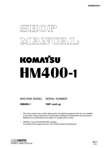 Unlock the full potential of your KOMATSU HM400-1 with the comprehensive Shop Manual SEBM023010, designed specifically for models 1001 and up. This PDF file is an essential resource for technicians and DIY enthusiasts alike, providing detailed diagrams, maintenance procedures, and troubleshooting tips to ensure optimal performance and longevity of your equipment. With easy navigation and clear instructions, you can confidently tackle repairs and maintenance tasks, saving time and money while keeping your ma
