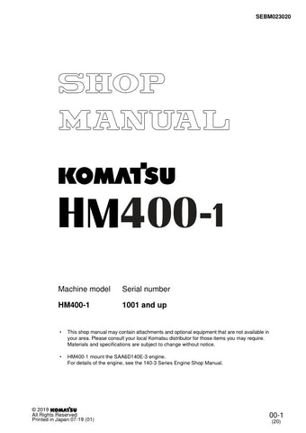 Unlock the full potential of your KOMATSU HM400-1 with the comprehensive Shop Manual SEBM023020, designed for models 1001 and up. This PDF file is an essential resource for technicians and DIY enthusiasts alike, providing detailed insights into maintenance, troubleshooting, and repair procedures. With clear diagrams and step-by-step instructions, you can ensure your equipment operates at peak performance, saving you time and money on costly repairs. Invest in this invaluable manual today and keep your KOMAT