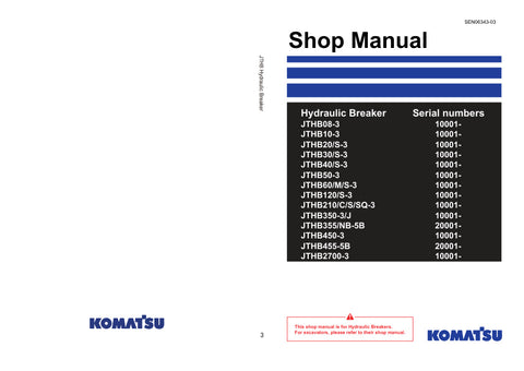 Discover the essential KOMATSU HYDRAULIC BREAKER SHOP MANUAL SEN06343-03, a comprehensive PDF guide designed for professionals and enthusiasts alike. This manual provides detailed insights into the operation, maintenance, and troubleshooting of your hydraulic breaker, ensuring optimal performance and longevity.
